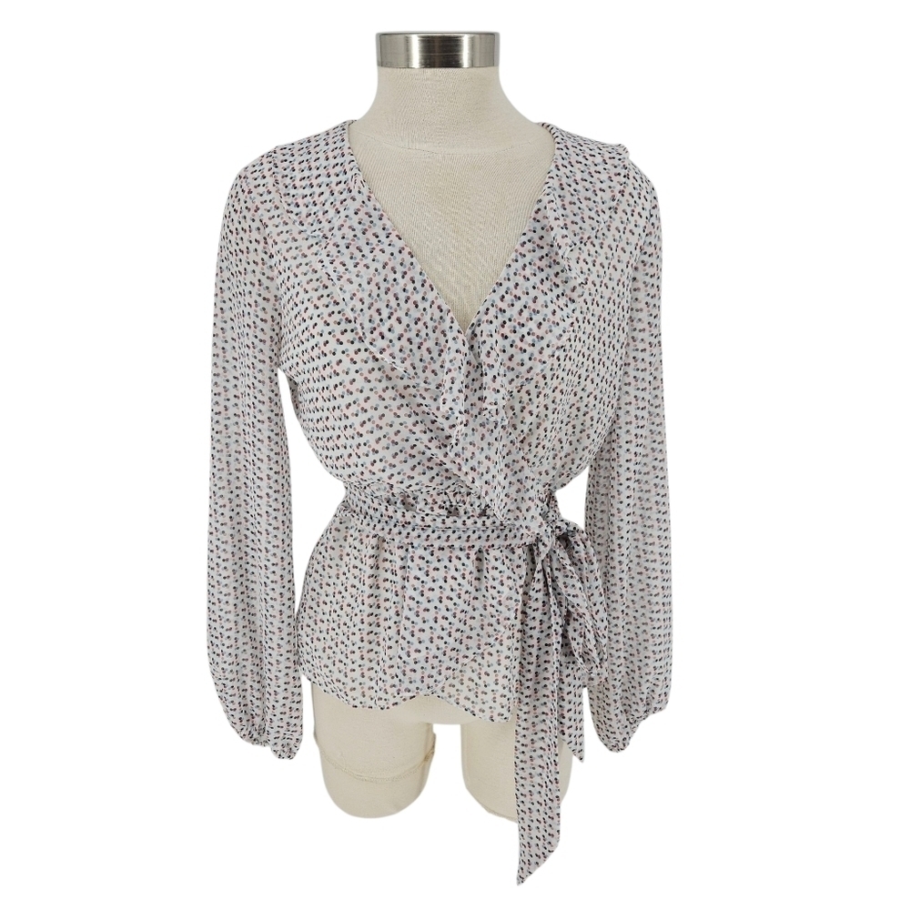 Max Studio Faux Wrap Blouse White Polka Dot Long Sleeve Ruffle VNeck Shirt Small